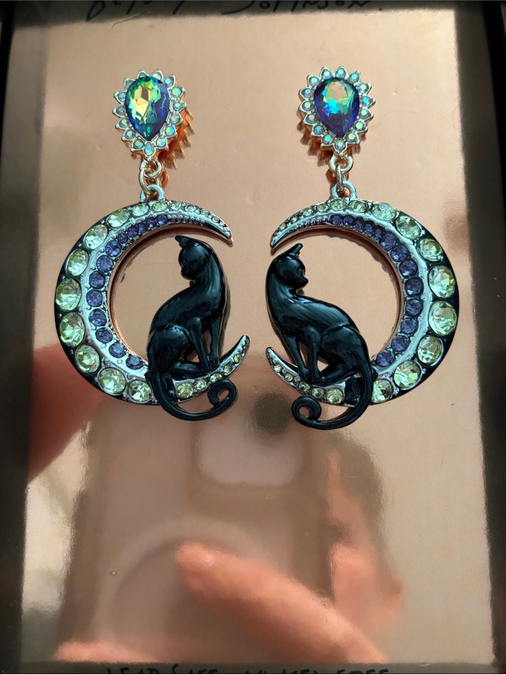 Betsey Johnson Black Cat Crescent Moon Earrings with Iridescent Teardrops NIB - Picture 2 of 4